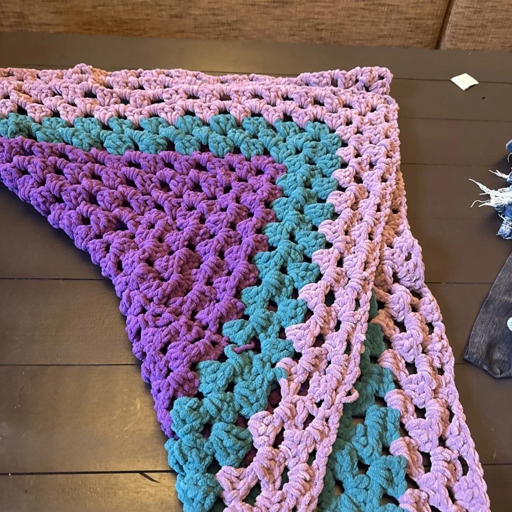 Handmade‎ Crochet Granny Square Blanket Purple Teal Lavender  Chenille Throw